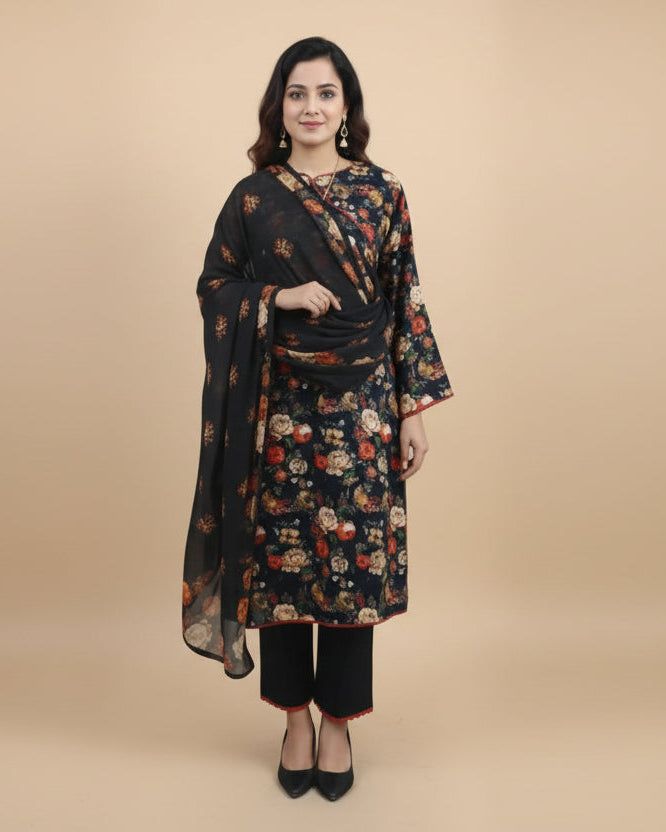 Black Floral Printed Light Khaddar 3-Piece Suit with Chiffon Dupatta & Lace Finishing