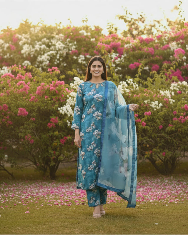 Teal Blue Floral Printed Light Khaddar 3-Piece Suit with Chiffon Dupatta