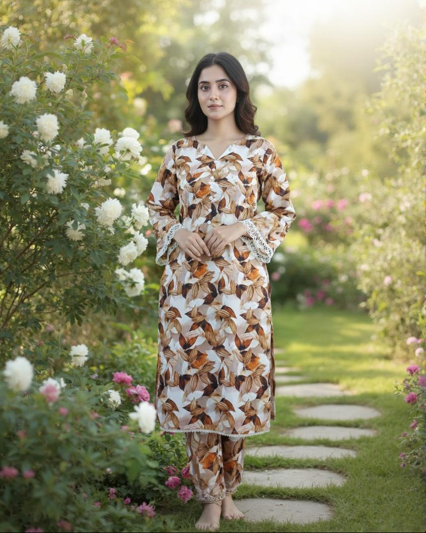 Leafy Breeze Printed Light Khaddar 2 Piece – Caramel Brown (RTW)