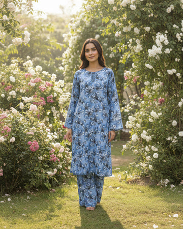 Floral Printed Light Khaddar 2 Piece Suit with Lace – Blue