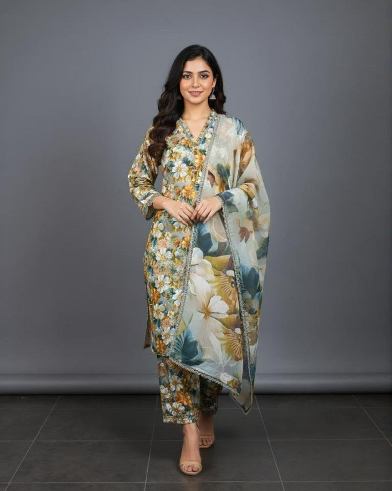 Multicolor Floral Printed Light Khaddar 3 Piece – Brownish Grey